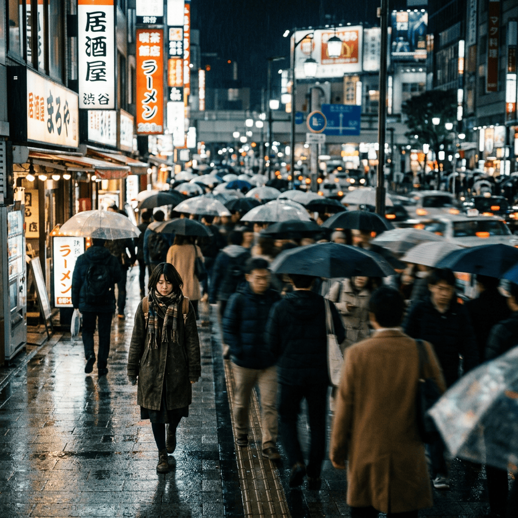 Crowded rainy Tokyo street with umbrellas, Japanese signs, and glowing traffic